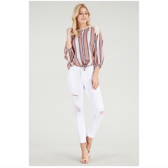 White Mid Rise Destroyed Hem Cropped Skinny Jeans - Picture 2 of 4